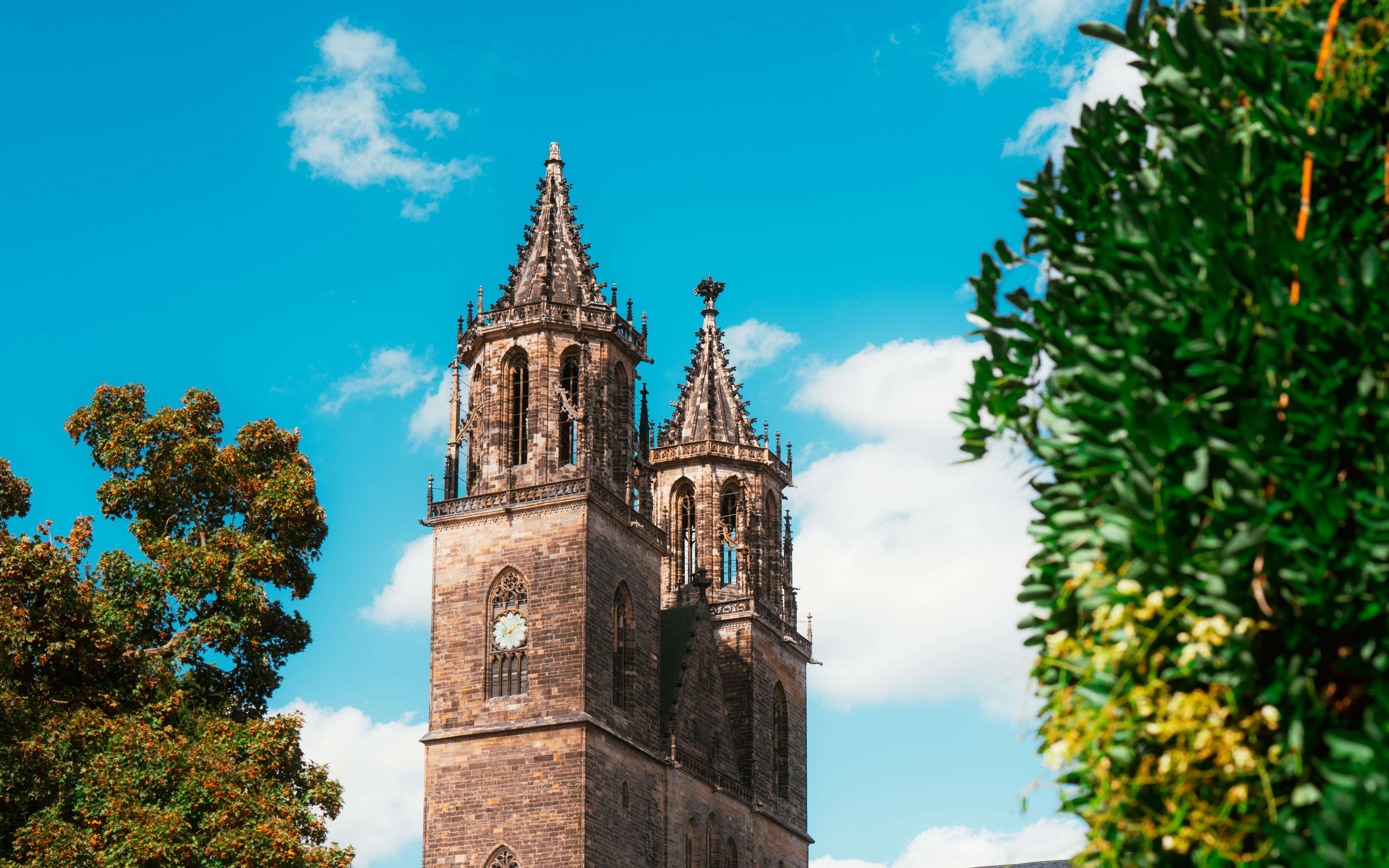 3840x2400 Wallpaper magdeburg cathedral, architecture, building, trees, greenery