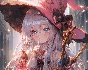 Preview wallpaper mage, hat, magic wand, staff, gesture, anime