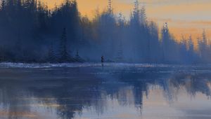 Preview wallpaper mage, silhouette, forest, lake, reflection, art