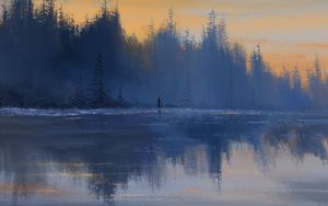 Preview wallpaper mage, silhouette, forest, lake, reflection, art