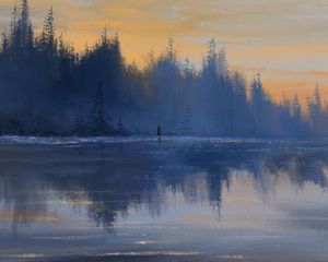 Preview wallpaper mage, silhouette, forest, lake, reflection, art