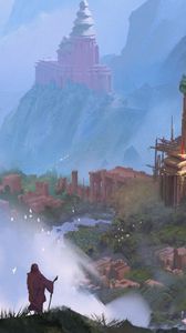 Preview wallpaper mage, silhouette, ruins, tower, fog, art