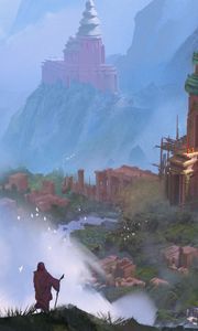Preview wallpaper mage, silhouette, ruins, tower, fog, art