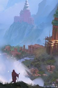 Preview wallpaper mage, silhouette, ruins, tower, fog, art