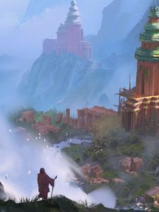 Preview wallpaper mage, silhouette, ruins, tower, fog, art