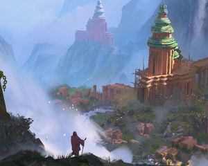 Preview wallpaper mage, silhouette, ruins, tower, fog, art