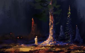 Preview wallpaper mage, silhouette, tree, trunk, forest, art