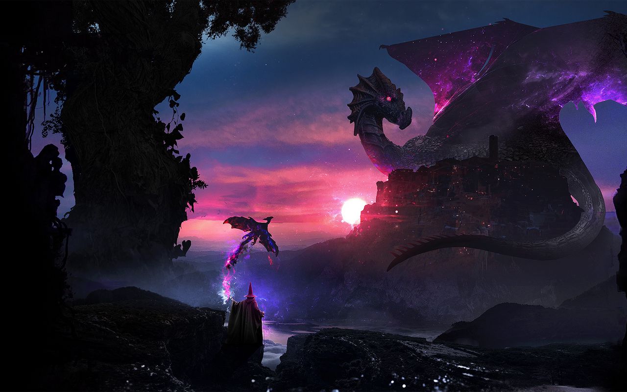 1280x800 Wallpaper magician, dragon, art, magic, fantasy