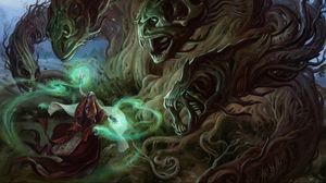 Preview wallpaper magician, sorcerer, monsters, trees, forest