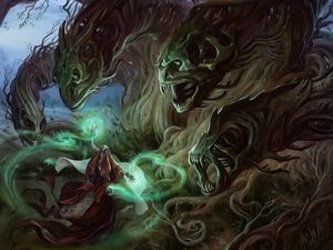 Preview wallpaper magician, sorcerer, monsters, trees, forest