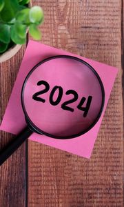 Preview wallpaper magnifying glass, 2024, numbers, new year, wood