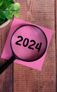 Preview wallpaper magnifying glass, 2024, numbers, new year, wood