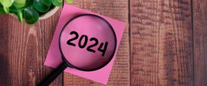 Preview wallpaper magnifying glass, 2024, numbers, new year, wood