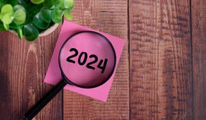 Preview wallpaper magnifying glass, 2024, numbers, new year, wood