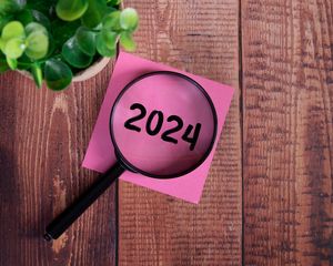 Preview wallpaper magnifying glass, 2024, numbers, new year, wood