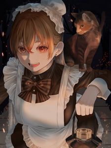 Preview wallpaper maid, cat, pet, lantern, anime, art