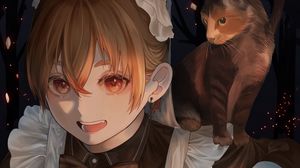 Preview wallpaper maid, cat, pet, lantern, anime, art