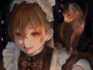 Preview wallpaper maid, cat, pet, lantern, anime, art