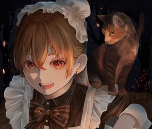 Preview wallpaper maid, cat, pet, lantern, anime, art