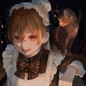 Preview wallpaper maid, cat, pet, lantern, anime, art