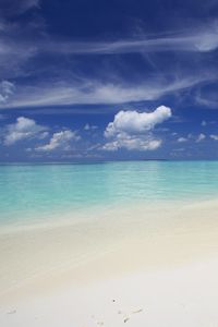 Preview wallpaper maldives, ocean, beach, sand, water, clouds, umbrella