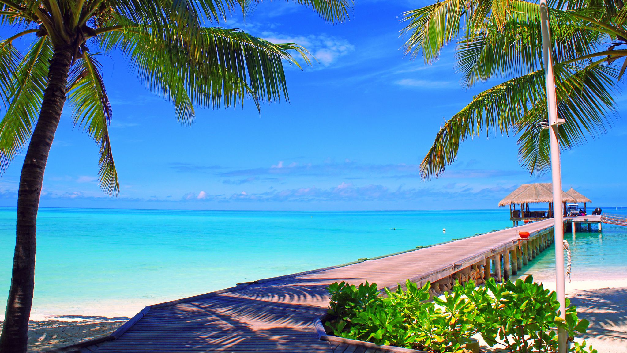 Download wallpaper 2048x1152 maldives, sky, clouds, island, palm trees