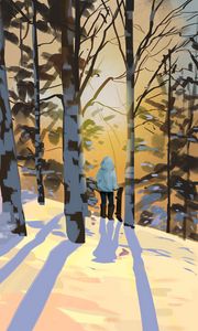 Preview wallpaper man, alone, birches, trees, snow, winter, art