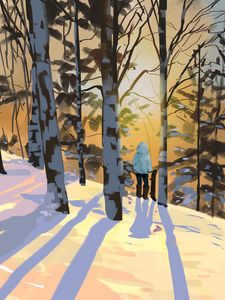 Preview wallpaper man, alone, birches, trees, snow, winter, art