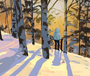Preview wallpaper man, alone, birches, trees, snow, winter, art