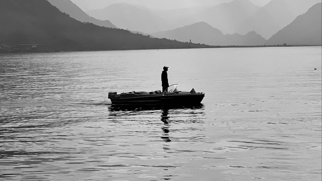 Wallpaper man, alone, boat, lake, black and white
