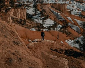 Preview wallpaper man, alone, canyon, rocks, snow