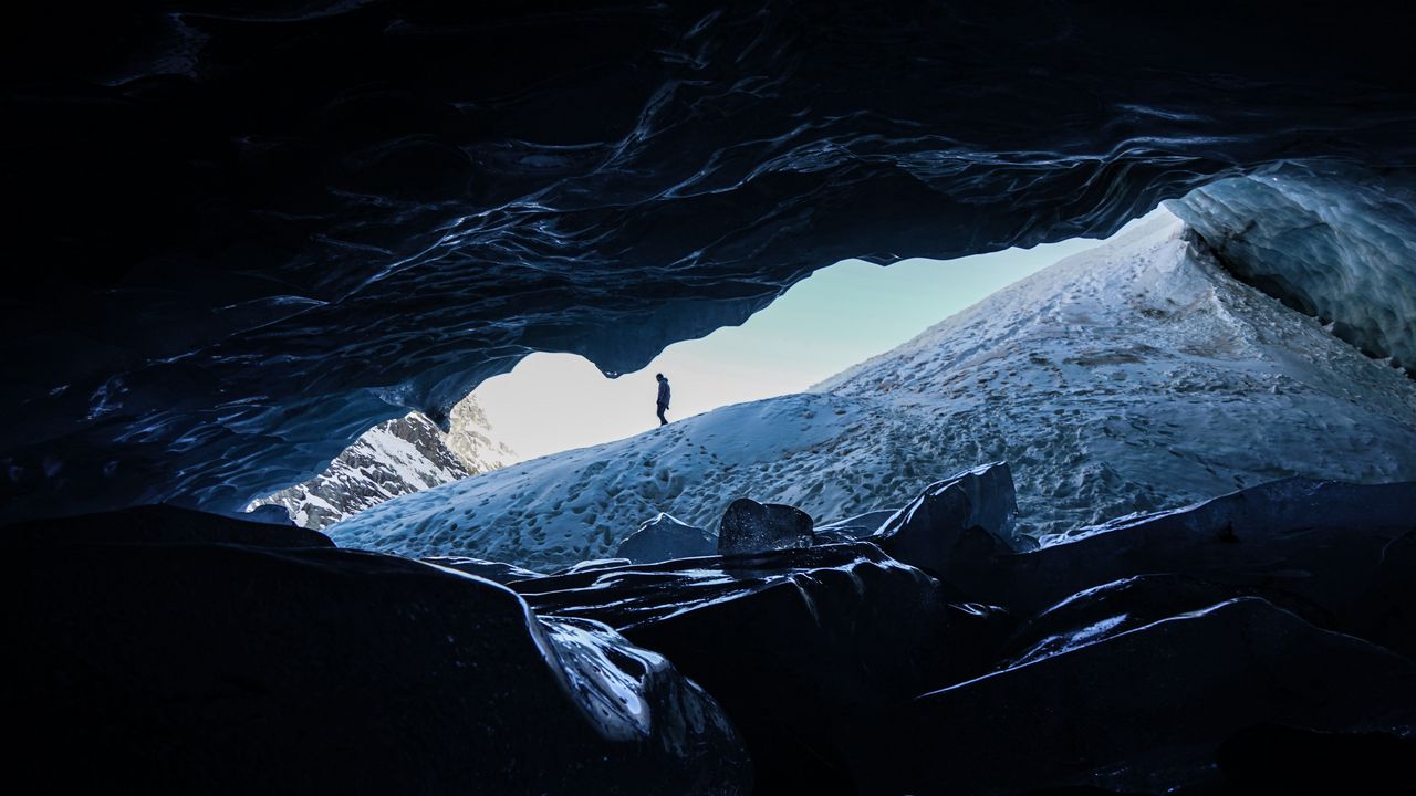 Wallpaper man, alone, cave, rocks, ice
