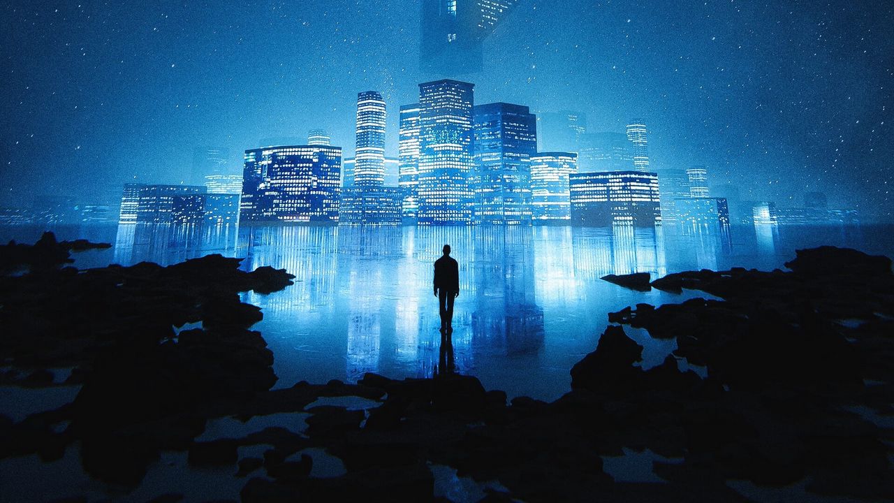 Wallpaper man, alone, city, buildings, light, illusion, blue