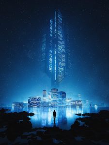 Preview wallpaper man, alone, city, buildings, light, illusion, blue