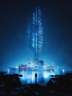Download wallpaper 240x320 night city, street, art, cyberpunk, reflection,  buildings old mobile, cell phone, smartphone hd background