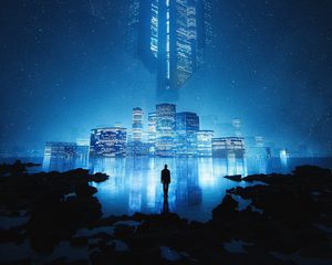 Preview wallpaper man, alone, city, buildings, light, illusion, blue