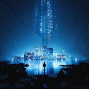 Preview wallpaper man, alone, city, buildings, light, illusion, blue