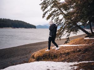 Preview wallpaper man, alone, coast, river, trees