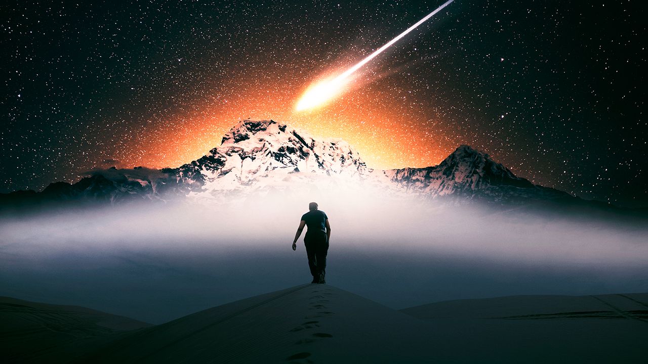 Wallpaper man, alone, desert, mountains, meteor