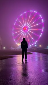 Preview wallpaper man, alone, ferris wheel, neon, fog, night