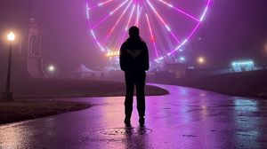 Preview wallpaper man, alone, ferris wheel, neon, fog, night