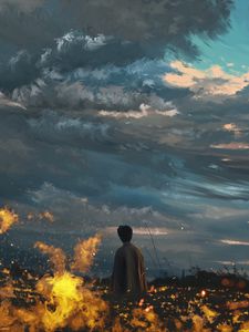 Preview wallpaper man, alone, field, fire, art