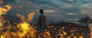 Preview wallpaper man, alone, field, fire, art