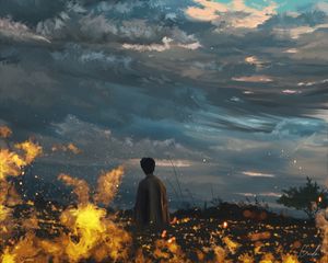 Preview wallpaper man, alone, field, fire, art
