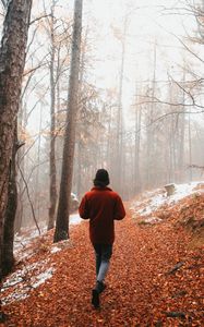 Preview wallpaper man, alone, forest, fog, walk