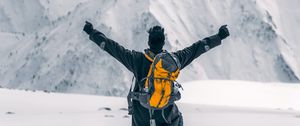 Preview wallpaper man, alone, freedom, free, gesture, mountains, snow, winter