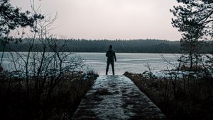 Preview wallpaper man, alone, lake, nature, view