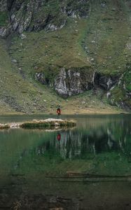 Preview wallpaper man, alone, lake, mountain, reflection