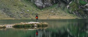 Preview wallpaper man, alone, lake, mountain, reflection