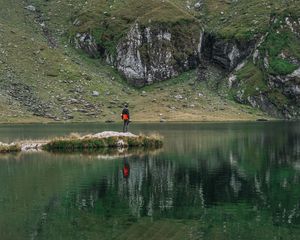 Preview wallpaper man, alone, lake, mountain, reflection